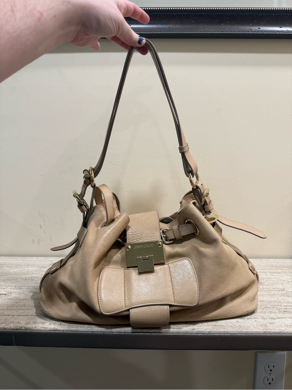 Jimmy Choo Beige Ramona Leather Shoulder Bag with Gold Hardware - Picture 9 of 16